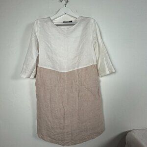 Tahari Womens Two-Tone Linen Shift Dress Medium 3/4 Sleeves White Beige Casual